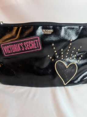 Victoria's Secret Black Patent Cosmetic Pouch with Pink Logo Patch Heart Patch
